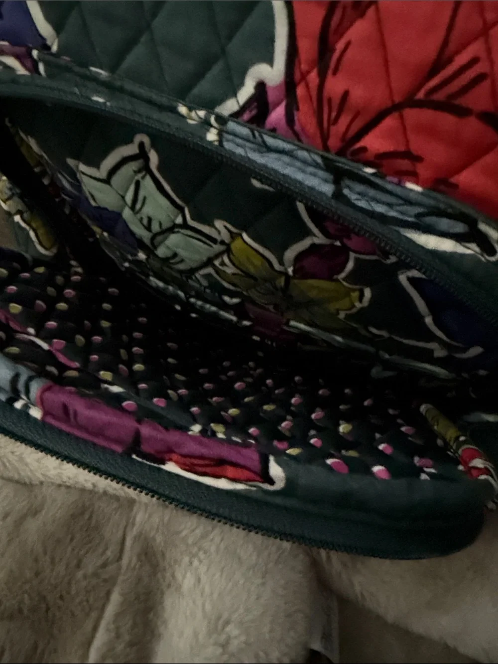 Vera Bradley Quilted Floral Backpack in Gray with Pink, Red, Purple Accents
